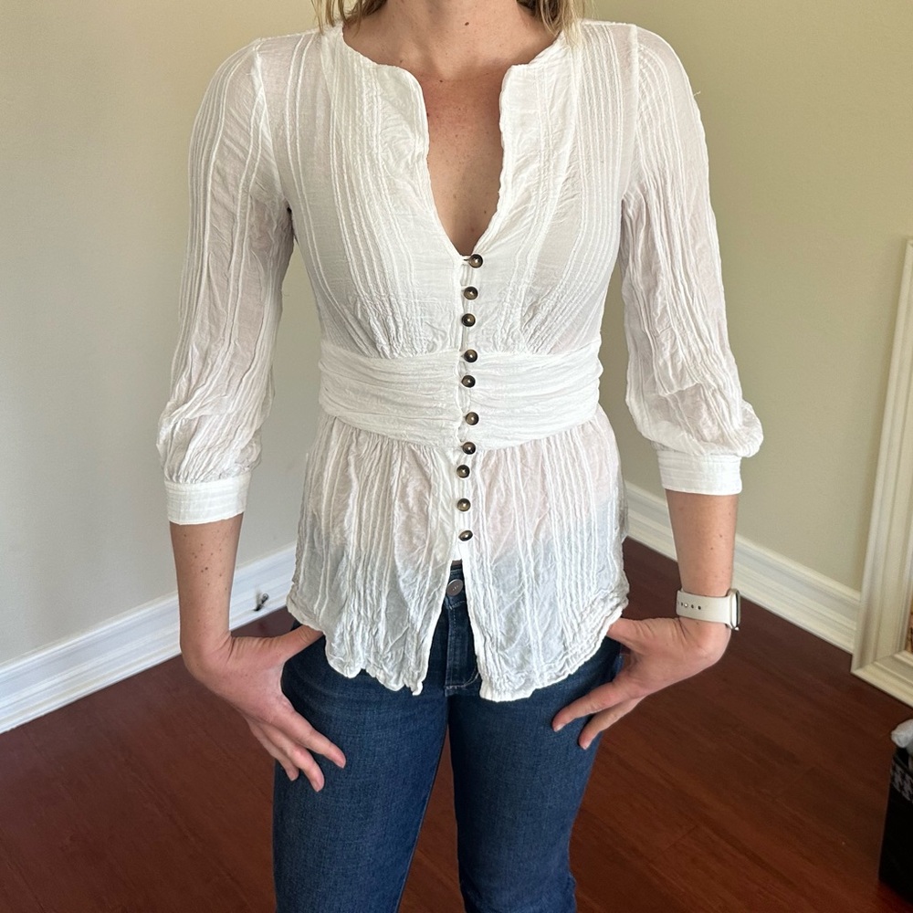 Maeve Anthropologie White Puff Sleeve Blouse with Mandarin Collar
